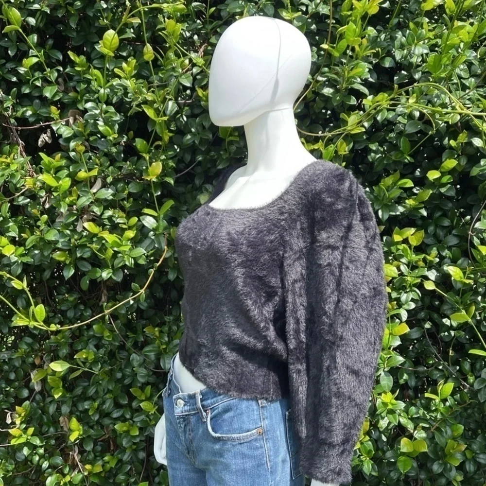 NWT Free People Moonbeam Black Classic Scoop Neck Plush Sweater